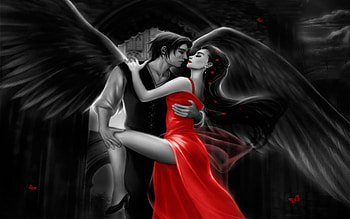 Couple, Fantasy, Angel, Dancing, Dark, Love, Red Dress, Romantic HD wallpaper