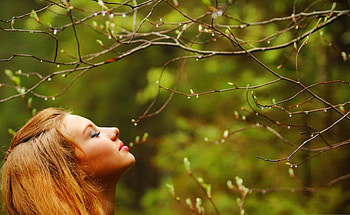 Fragrance of nature, beautiful girl, profile, eyes, beauty, fragrance, lovely face, lady, trees, nature, lips, hair HD wallpaper