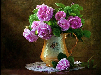 The jug, purple, jug, peonies, stilllife HD wallpaper