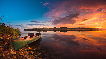 Peaceful Lake, boat, landscape, clouds, sky, sunset, stones HD wallpaper