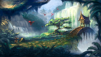 Secret garden, bird, art, pasare, tree, fantasy, green, waterfall, luminos, tamikaproud HD wallpaper