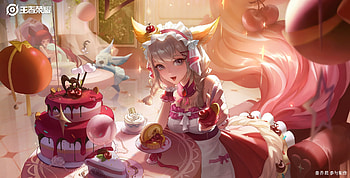Fantasy girl, pink, fantasy, yellow, cookie, girl, fox, 3q studio, sweets, cake, 3qstudio HD wallpaper