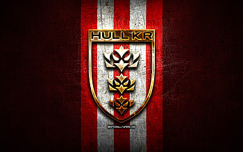Hull Kingston Rovers, golden logo, SLE, red metal background, english rugby club, Hull Kingston Rovers logo, rugby HD wallpaper