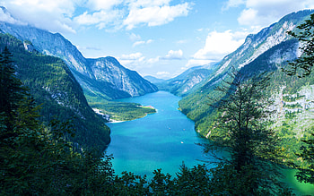 Lake Koenigssee, Bavarian Alps, clouds, trees, sky, mountains, Germany HD wallpaper