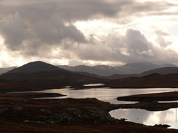 Outer Hebrides, Scotland, reflection, grey, clouds, water, hill, dark HD wallpaper
