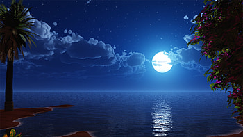 MOONLIGHT, blue, full, moon, sky, lake HD wallpaper