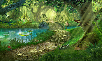 Forest Bridge, forest, art, fantasy, green HD wallpaper