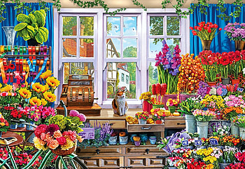 Flower Shop, colors, cat, flowers, blossoms, window HD wallpaper