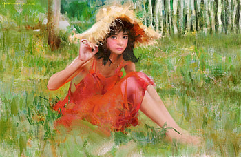 Girl in red dress, yizheng ke, art, girl, dress, summer, fantasy, red, green, luminos, vara, hat HD wallpaper