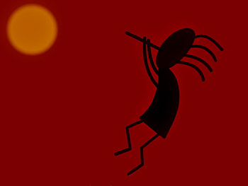 Kokopelli 3, native american, black, flute, music, man, red, orange, sun HD wallpaper