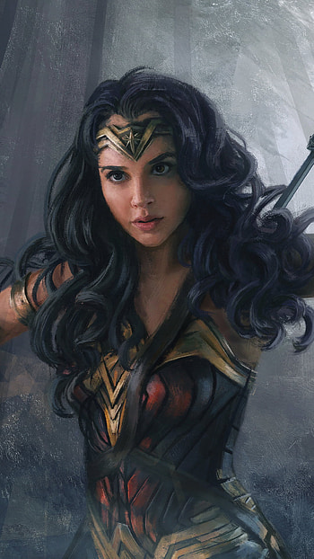 black hair, woman warrior, shield, Gal Gadot, movie, Wonder Woman HD phone wallpaper
