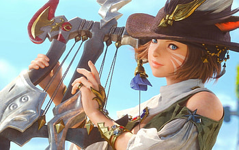 Final Fantasy, blue, eyes, cute, girl, cat, beauty, woman, green, weapon, game, hat HD wallpaper
