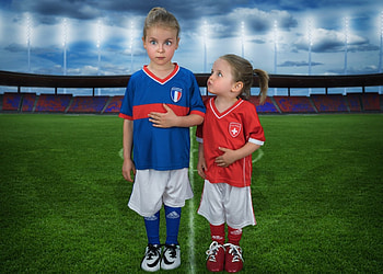Emotions, blue, situation, arena, cute, girl, sport, creative, sister, football, green, red, stadion, funny, child HD wallpaper