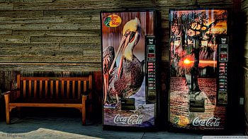 coke machines r, wood wall, bench, r, coke macines HD wallpaper