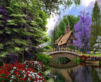 watery lake, forest, lake, house, watery HD wallpaper
