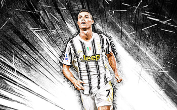 Cristiano Ronaldo, 2021, white abstract rays, Juventus FC, CR7, portuguese footballers, Italy, Bianconeri, soccer, CR7 Juve, grunge art, Cristiano Ronaldo Juventus, football stars, Serie A, Cristiano Ronaldo HD wallpaper