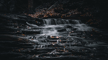 Waterfalls On Stones Dry Leaves Dark Background Nature HD wallpaper