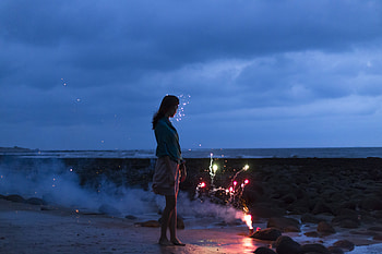 Woman, Fireworks, Night, Beach HD wallpaper