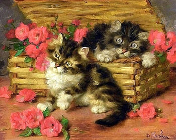 Kitten with Roses, roses, cats, cute, furry, paintings, kittens, love four seasons, animals, draw and paint HD wallpaper