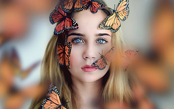 Beauty, monarch, model, blonde, girl, orange, woman, butterfly, face HD wallpaper