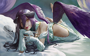 Albedo, wings, horns, zhang bo, girl, demon, purple, fantasy, luminos HD wallpaper