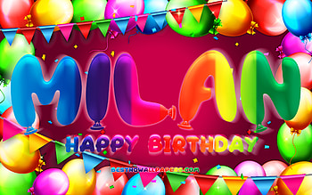 Happy Birtay Milan, , colorful balloon frame, Milan name, purple background, Milan Happy Birtay, Milan Birtay, popular american female names, Birtay concept, Milan HD wallpaper