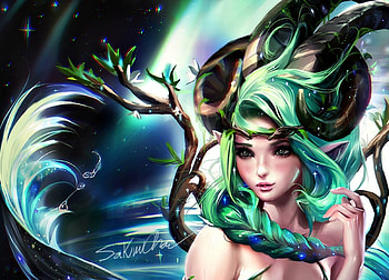 Zodiac ~ Capricorn, capricorn, horns, sakimichan, art, girl, tail, woman, fantasy, zodiac, green, luminos HD wallpaper