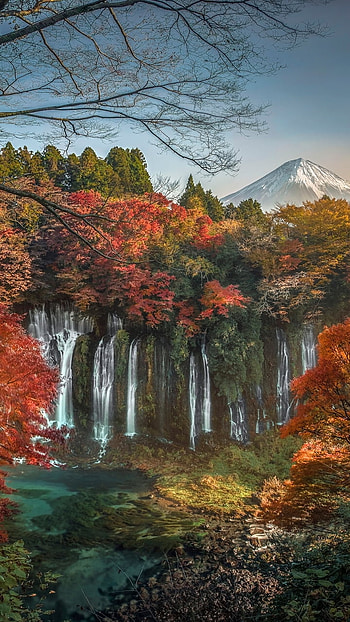 Autumn Waterfall in Japan, Japan, fall, Mount Fuji, nature HD phone wallpaper