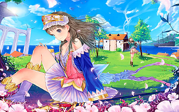 tagme, boat, skirt, staff, anime, petals, flowers, sky, boots HD wallpaper