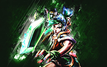 Arcade Riven, League of Legends, green stone background, main characters, Arcade Riven LoL, League of Legends characters, Arcade Riven League of Legends, Arcade Riven Skin HD wallpaper