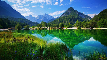 Lake Jasna, Kranjska Gora, Slovenia, mountains, water, reflections, trees, clouds, sky HD wallpaper