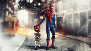 Spiderman With Child , spiderman, superheroes, artist, artwork, digital-art HD wallpaper