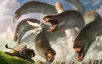 Hydra Battle, hydra, cg, fantasy, battle HD wallpaper