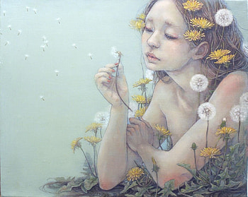 I wish..., frumusete, asian, art, dandelion, girl, summer, fantasy, marigolds, flower, yellow, luminos, mihohirano HD wallpaper