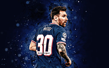 Lionel Messi PSG, , football stars, Paris Saint-Germain, blue neon lights, argentinian footballers, Leo Messi, football, Messi, PSG, soccer, Ligue 1, back view, Lionel Messi Paris Saint-Germain, Lionel Messi HD wallpaper