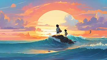 Sunset Drawing, sunset, wave, sea, ocean, schoolgirl, Ocean Waves HD wallpaper