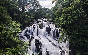 Waterfall, trees, water, mountain HD wallpaper