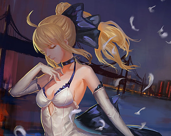 Saber, night, blond hair, emotional, blonde, fate stay night, saber lily, long hair, dress, beauty, feather, , blonde hair, female, blond, ribbon, girl, beautiful, dark, anime girl, anime, serious, realistic HD wallpaper