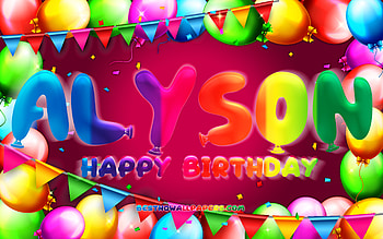 Happy Birtay Alyson, , colorful balloon frame, Alyson name, purple background, Alyson Happy Birtay, Alyson Birtay, popular american female names, Birtay concept, Alyson HD wallpaper