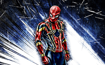 Iron Spider, grunge art, superheroes, Marvel Comics, blue abstract rays, Iron Spider Armor, Iron Spider HD wallpaper