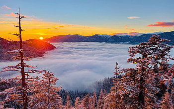 Sunset and cloud inversion to Sky Summit in Squamish, British Columbia, frost, fog, trees, clouds, landscape, sun, mountains, ice, snow HD wallpaper