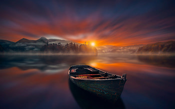Sunset, sky, lake, reflections, boat HD wallpaper