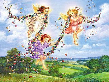 Sweet Angels, wings, landscape, girls, painting HD wallpaper