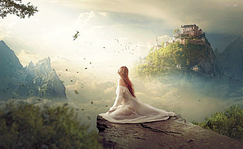Clouds Kingdom, art, bird, girl, mountains, castle HD wallpaper