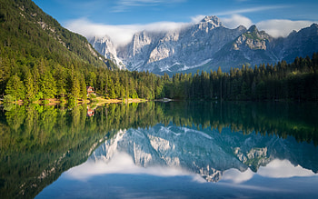 Fusine Lake, mountain lake, Julian Alps, morning, sunrise, mountain landscape, beautiful lake, Tarvisio, Italy, Alps HD wallpaper