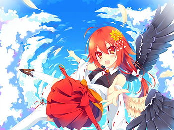Come On, Let's Go There!!! :D, Hand, nibiiro shizuka, Red Eyes, Blue Sky, Anime, Original, Cute, Smile, Black Angel, Girl, Sweet, Black Wings, Long Hair, Clouds, Red Hair HD wallpaper