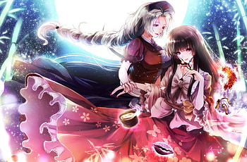 Houraisan & Yagokoro, night, houraisan kaguya, anime, moon, yagokoro eirin, touhou, long hair, friends HD wallpaper