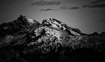 Black and white view of snow-capped mountains in Ashford, WA, creating a dramatic and scenic landscape. HD wallpaper