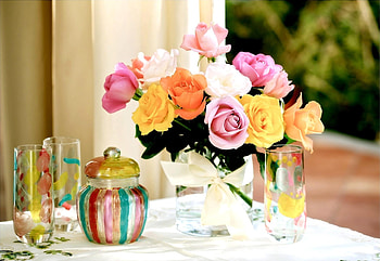 Flowers, Roses, Bouquet, Table, Bow, Glasses HD wallpaper