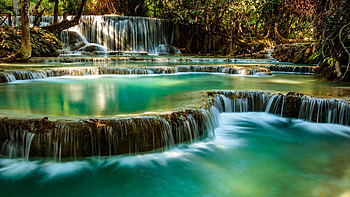 Kuang Si Waterfall, Laos, river, trees, cascades, water, forest HD wallpaper